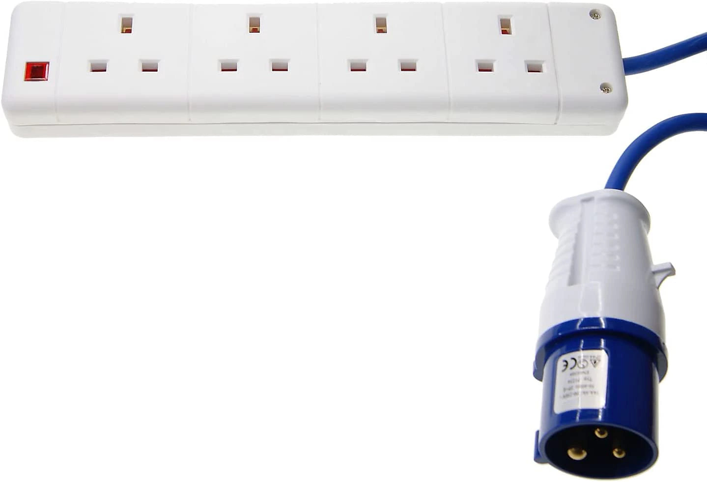 16A 2P+E Hook Up Plug to 13A 4 Gang Socket Mains Extension Cable Lead 240V 10m Blue for Caravan Site Camping Motorhome Marina