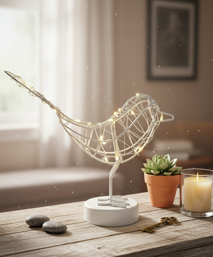 Lightstyle London Gold - Copper - White Wire Table Robin Light Warm White LED Decoration
