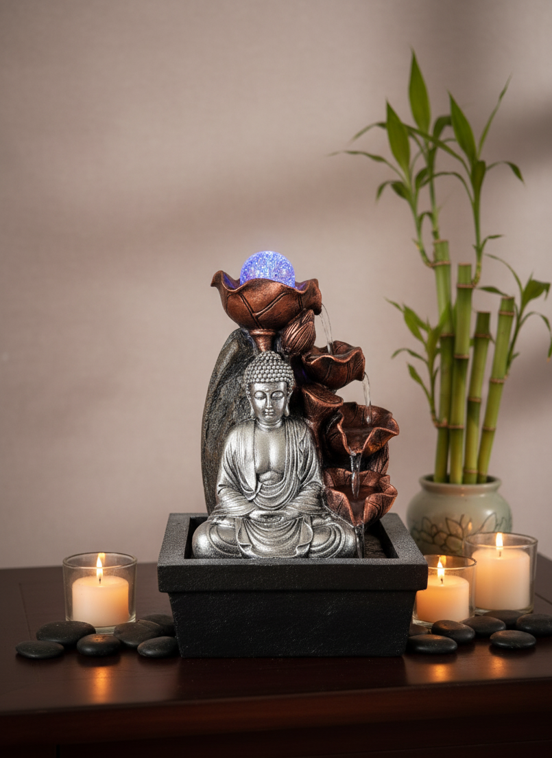 Tabletop Water Feature - 35cm - Silver Buddha Cascade & Crystal Ball