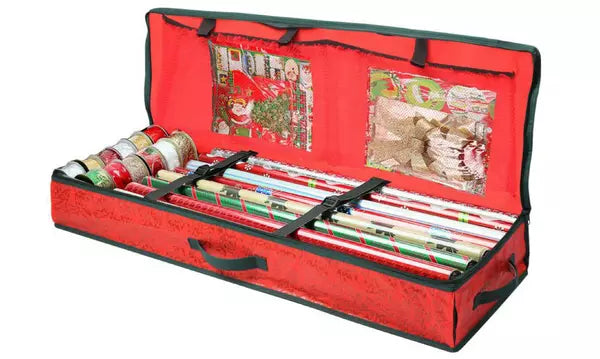 Christmas Wrapping Paper Storage Organiser – Red Fabric Case with Compartments | 82cm x 34cm x 13cm
