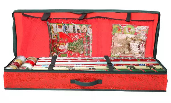 Christmas Wrapping Paper Storage Organiser – Red Fabric Case with Compartments | 82cm x 34cm x 13cm