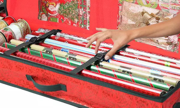 Christmas Wrapping Paper Storage Organiser – Red Fabric Case with Compartments | 82cm x 34cm x 13cm