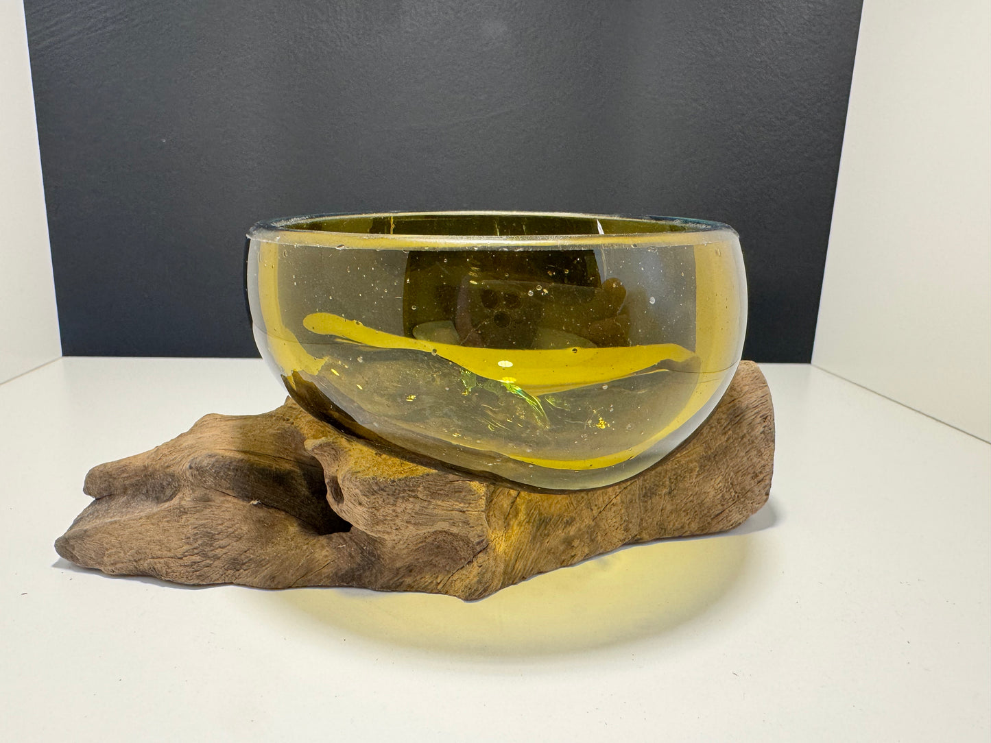 Molten Glass Mini Amber Bowl on Wood