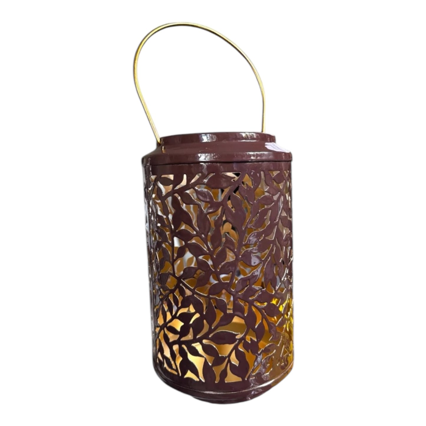 BROWN & GOLD METAL LANTERN WITH A CUT OUT BRANCH DECAL - 26CM
