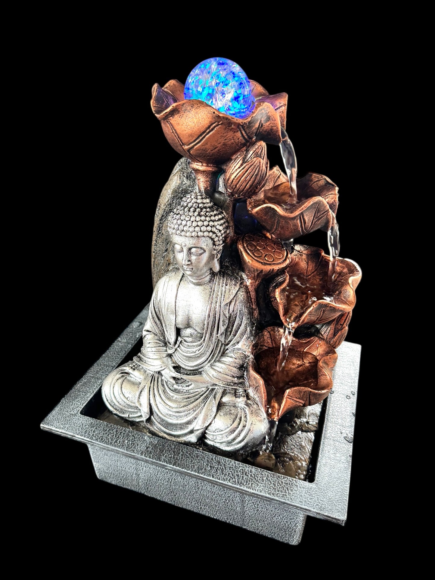 Tabletop Water Feature - 35cm - Silver Buddha Cascade & Crystal Ball