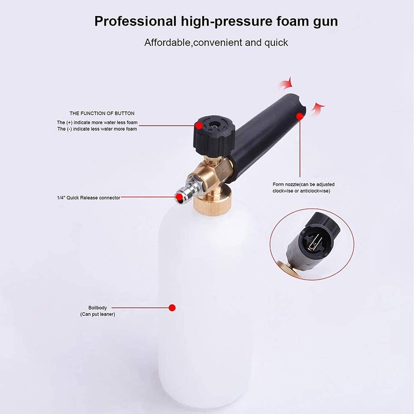 Snow Foam Lance 1/4" Quick Release Car Wash Foam Cannon Pot with Adjustable Nozzle, High Pressure Washer Soap Dispenser Bottle (1L)