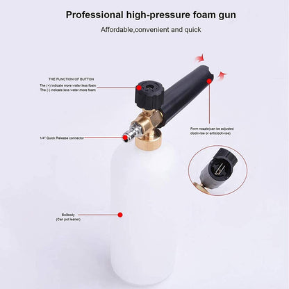Snow Foam Lance 1/4" Quick Release Car Wash Foam Cannon Pot with Adjustable Nozzle, High Pressure Washer Soap Dispenser Bottle (1L)