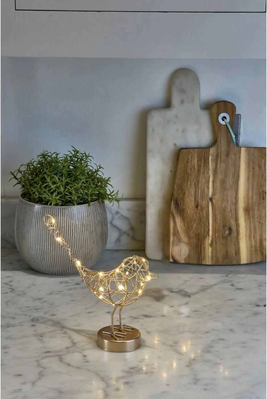 Gold Copper White Wire Table Robin Light  Warm White LED Decoration