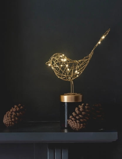 Gold Copper White Wire Table Robin Light  Warm White LED Decoration