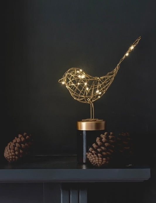 Gold Copper White Wire Table Robin Light  Warm White LED Decoration