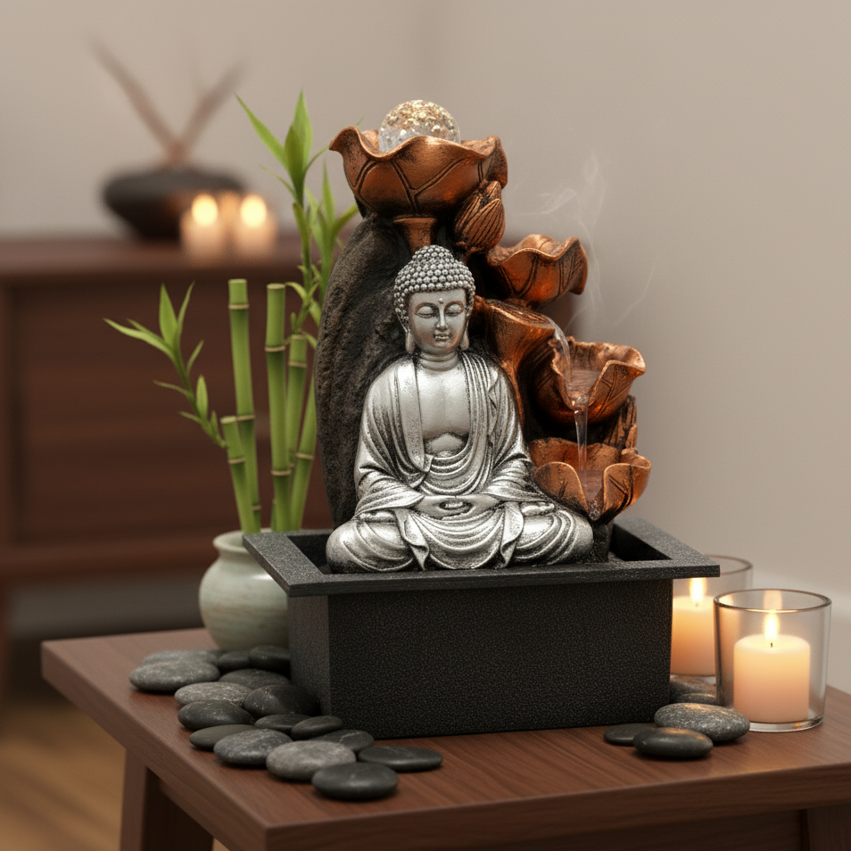 Tabletop Water Feature - 35cm - Silver Buddha Cascade & Crystal Ball