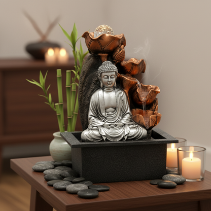 Tabletop Water Feature - 35cm - Silver Buddha Cascade & Crystal Ball