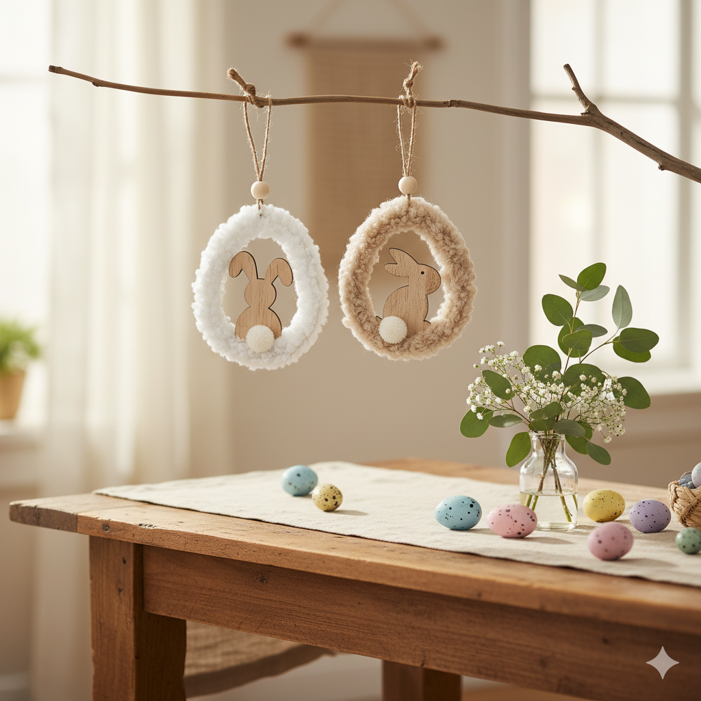 2 HANGING SHERPA BUNNY ORNAMENTS 14CM