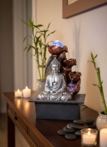 Tabletop Water Feature - 35cm - Silver Buddha Cascade & Crystal Ball