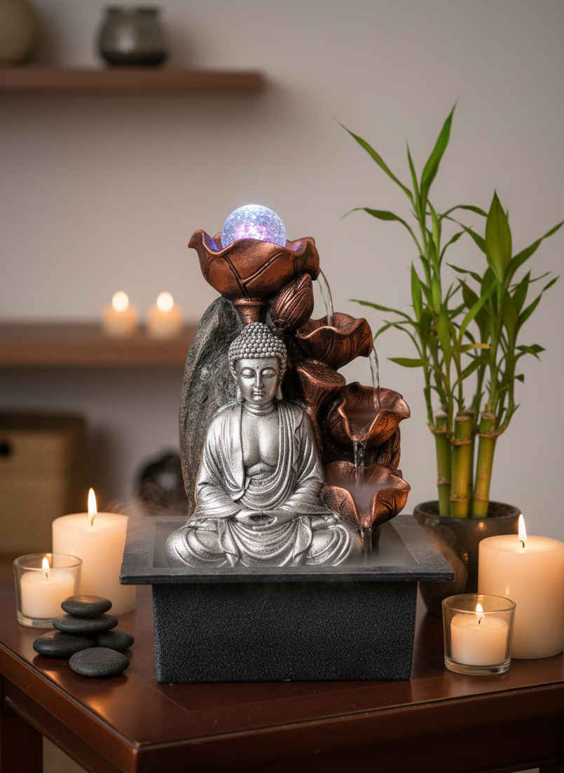 Tabletop Water Feature - 35cm - Silver Buddha Cascade & Crystal Ball