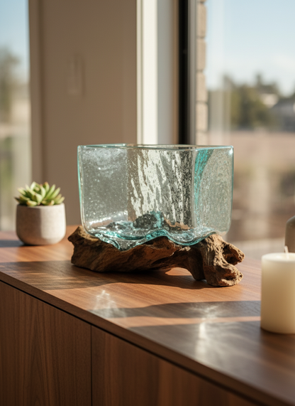 Molten Glass Tank on Wood with Stand - Medium Bowl