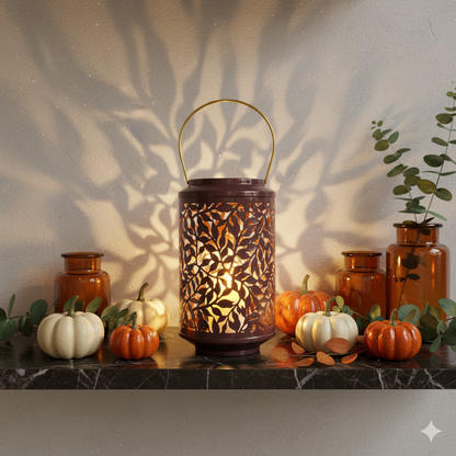 BROWN & GOLD METAL LANTERN WITH A CUT OUT BRANCH DECAL - 26CM