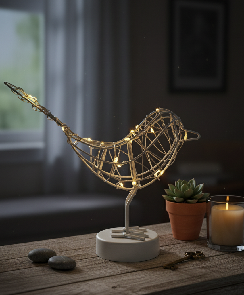Lightstyle London Gold - Copper - White Wire Table Robin Light  Warm White LED Decoration
