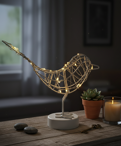 Lightstyle London Gold - Copper - White Wire Table Robin Light  Warm White LED Decoration