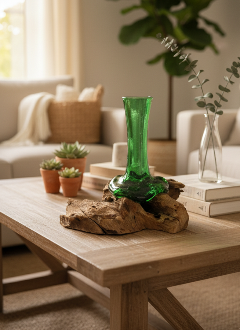 Recycled Beer Bottles - Flower Vase on Wood