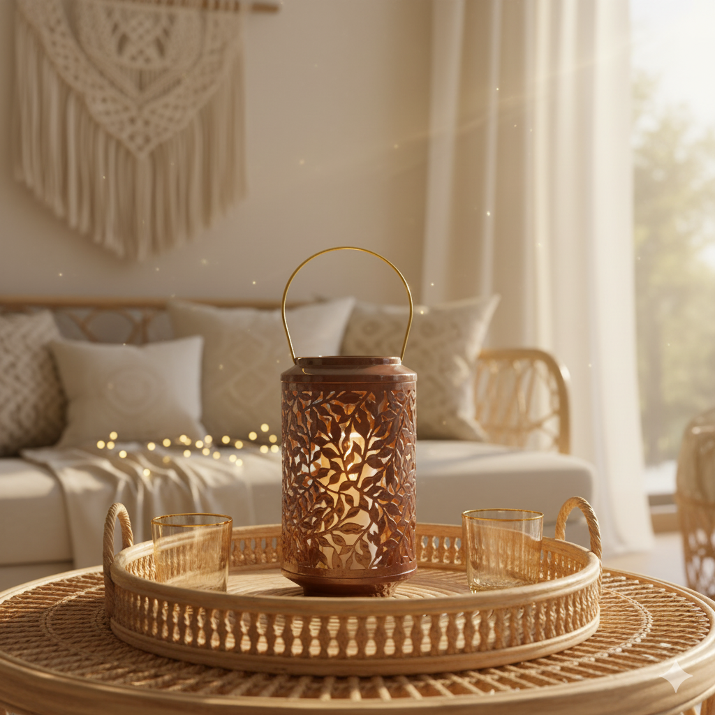 BROWN & GOLD METAL LANTERN WITH A CUT OUT BRANCH DECAL - 26CM