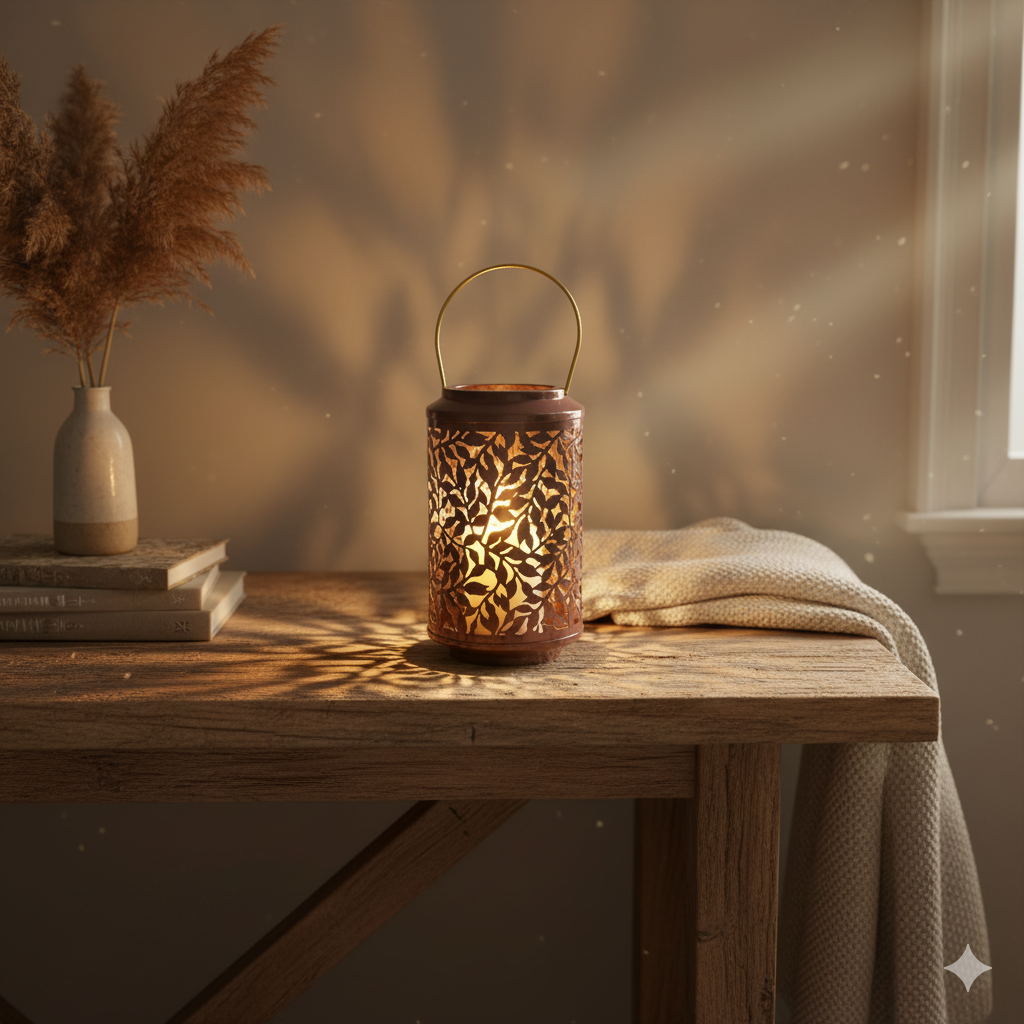 BROWN & GOLD METAL LANTERN WITH A CUT OUT BRANCH DECAL - 26CM