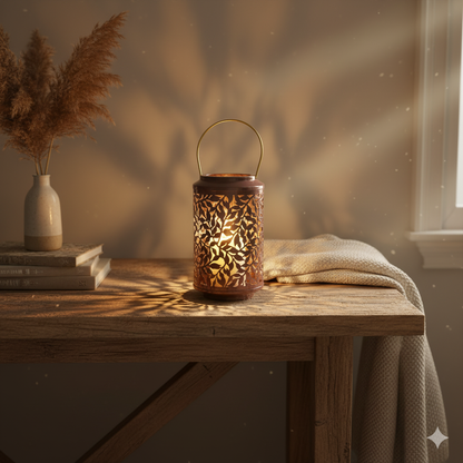 BROWN & GOLD METAL LANTERN WITH A CUT OUT BRANCH DECAL - 26CM