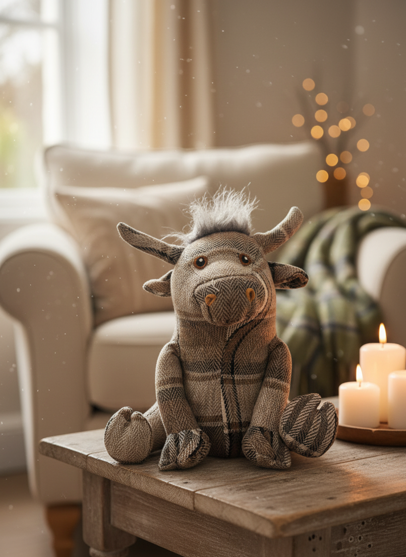 Grey Tartan Bull Doorstop, 30cm