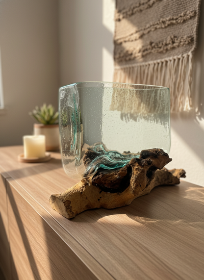Molten Glass Tank on Wood with Stand - Medium Bowl