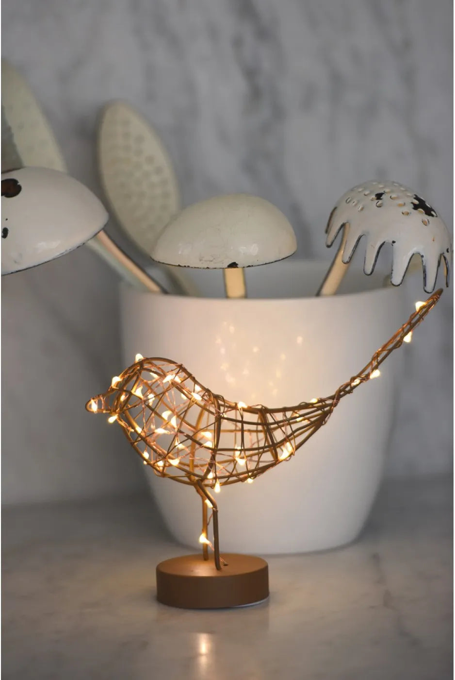 Gold Copper White Wire Table Robin Light  Warm White LED Decoration