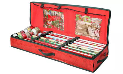 Christmas Wrapping Paper Storage Organiser – Red Fabric Case with Compartments | 82cm x 34cm x 13cm