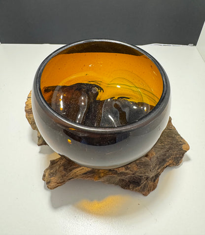 Molten Glass Mini Amber Bowl on Wood