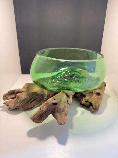 Recycled Beer Bottles - Lrg Wide Bowl on Wood