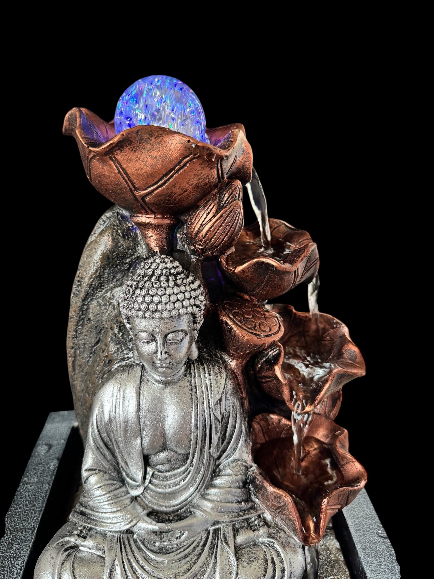 Tabletop Water Feature - 35cm - Silver Buddha Cascade & Crystal Ball
