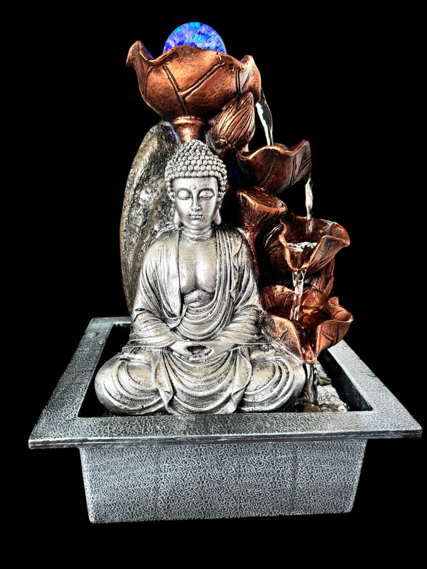 Tabletop Water Feature - 35cm - Silver Buddha Cascade & Crystal Ball
