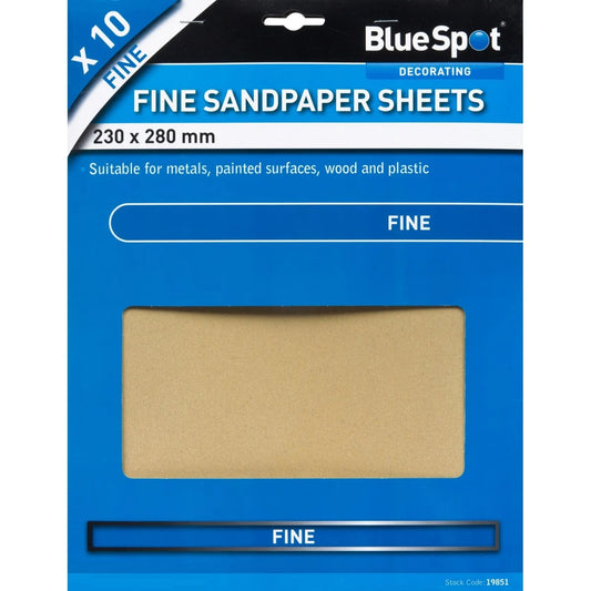BLUE SPOT TOOLS 10 X SAND PAPER SHEETS FINE SANDPAPER 19851 BLUESPOT
