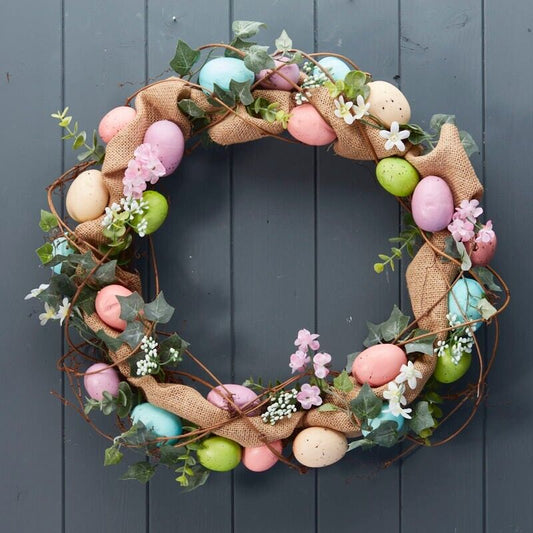 Multicolour Easter Egg Hessian Wreath with Artificial Greenery x 44cm - Spring