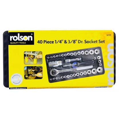 Rolson 40 Piece Socket Set 1/4 Or 3/8" Ratchet Metric Imperial 36109